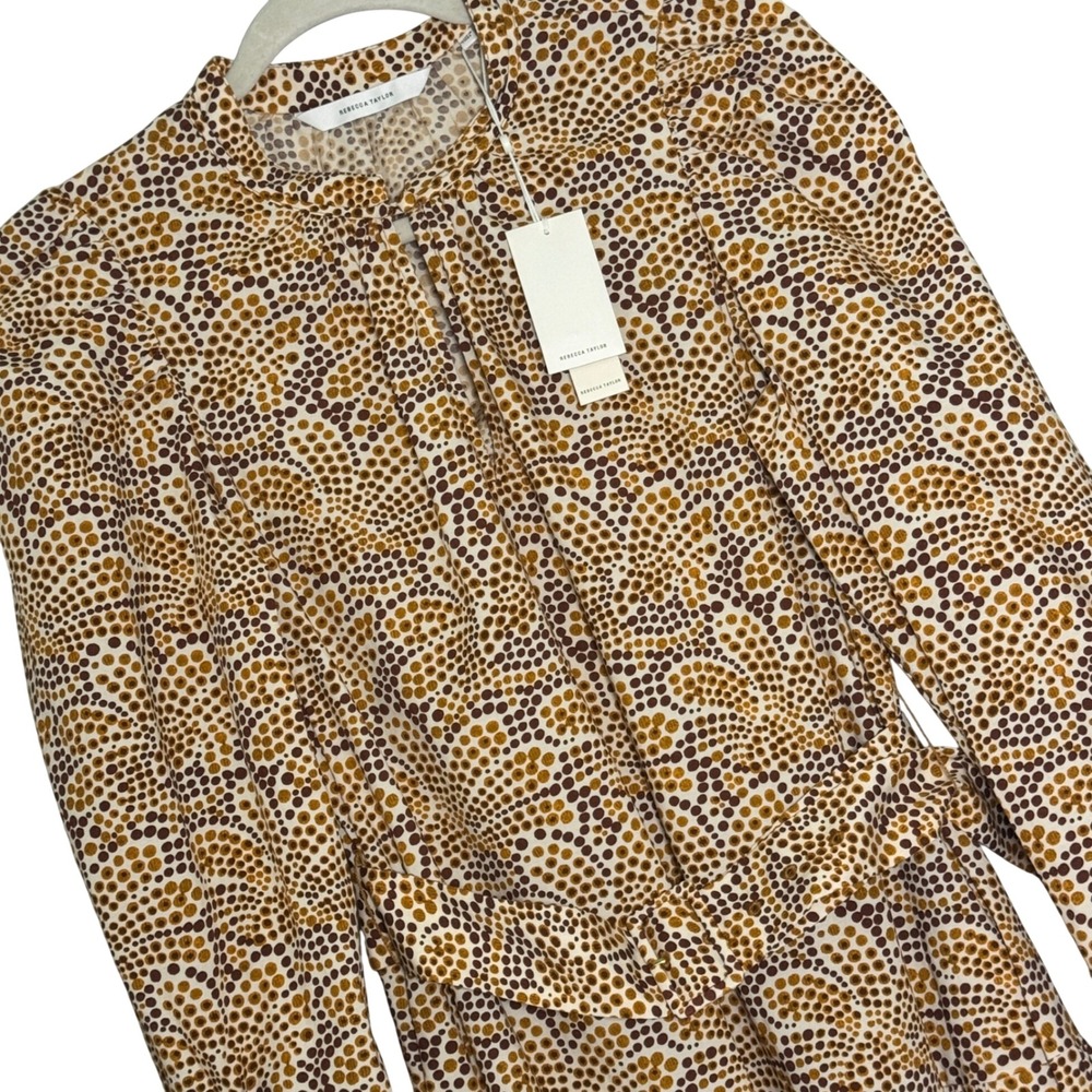 Rebecca Taylor Speckled Fleur Puff Sleeve Dress Women 4 Brown Belted Midi NEW